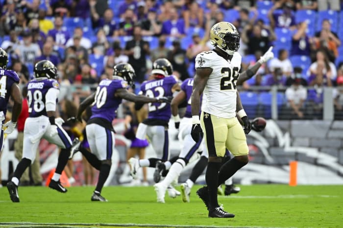 New Orleans Saints running back Latavius Murray (28) walks off the field against the Baltimore Ravens. Mandatory Credit: Tommy Gilligan-USA TODAY Sports